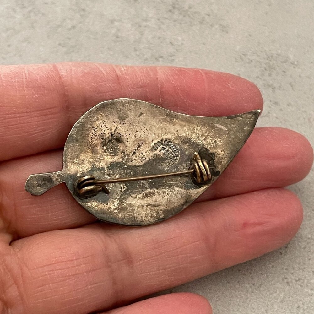 Vintage Abalone Inlay .925 Sterling Silver Leaf Brooch Pin Beto Taxco Mexico 2" - Picture 3 of 6